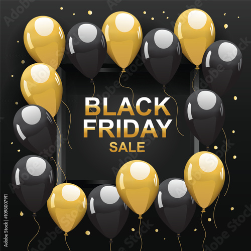 Black Friday sale background with balloons vector design, black friday offer background gold and black color design vector