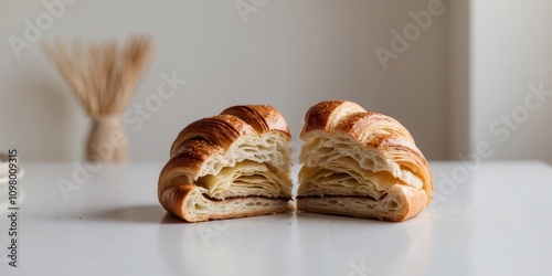 Flaky Croissant Being Sliced Open to Reveal Layers. photo