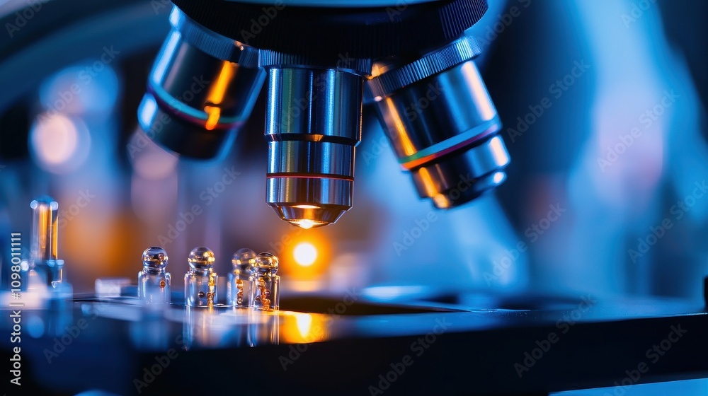 technology biotechnology optimization Concept. A close-up view of a microscope focusing on samples, illuminated with a soft blue light, showcasing a scientific research environment. technology biotechnology optimization Concept. A close-up view of a microscope focusing on samples, illuminated with a soft blue light, showcasing a scientific research environment.