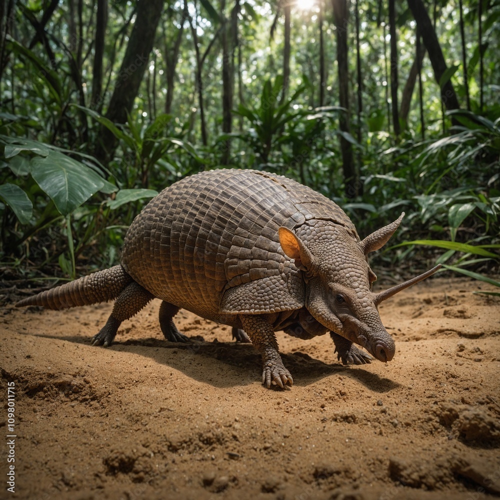 Obraz premium An armadillo rolling across a sandy patch in the rainforest.