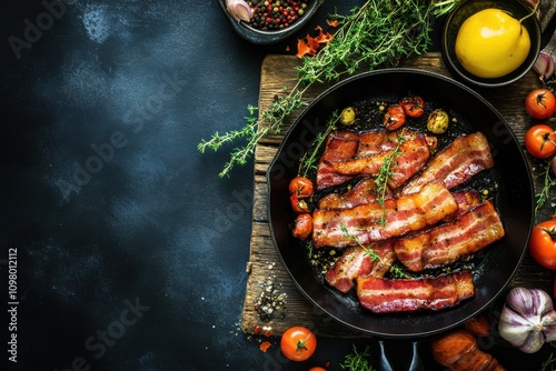 Delicious bacon pieces sizzling in frying pan with various ingredients on vintage table