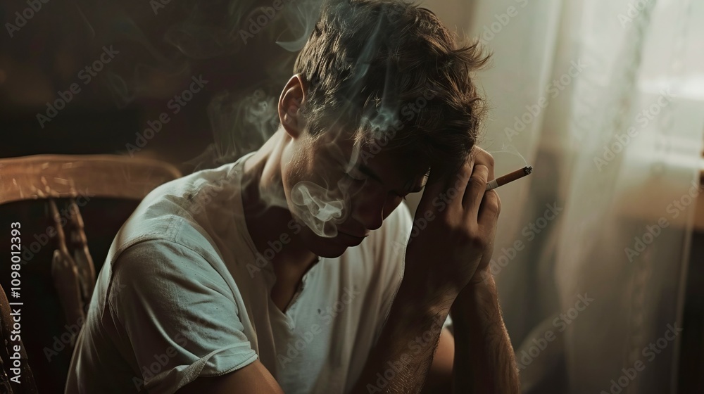 Obraz premium Pensive Caucasian man smoking indoors with a thoughtful expression, reflecting stress and inner struggles in a dimly lit room. Concept of contemplation, solitude, smoking, and emotional tension