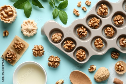 Tasty cookie-like confections shaped like walnuts filled with sweetened condensed milk using a mold on a vibrant background photo