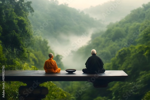 Wise experienced mentor imparting profound insights and life lessons to a reflective open minded mentee amid the serene misty surroundings of a tranquil forest