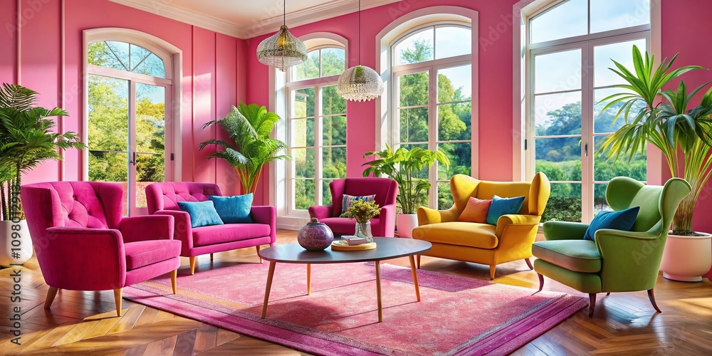 Fototapeta premium Vibrant Interior of a Pink Room Showcasing Colorful Chairs and Armchairs for a Cozy and Inviting Atmosphere in Home Decor