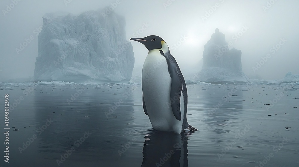 Obraz premium Lone Penguin on Shrinking Ice Sheet Amid Towering Crumbling Glaciers Global Warming Concept