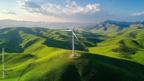 A close-up of a wind turbine with a backdrop of rolling green hills, symbolizing renewable energy. photo