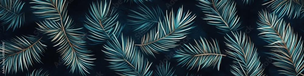 Fototapeta premium Dark blue-green pine tree leaves pattern on a dark background 