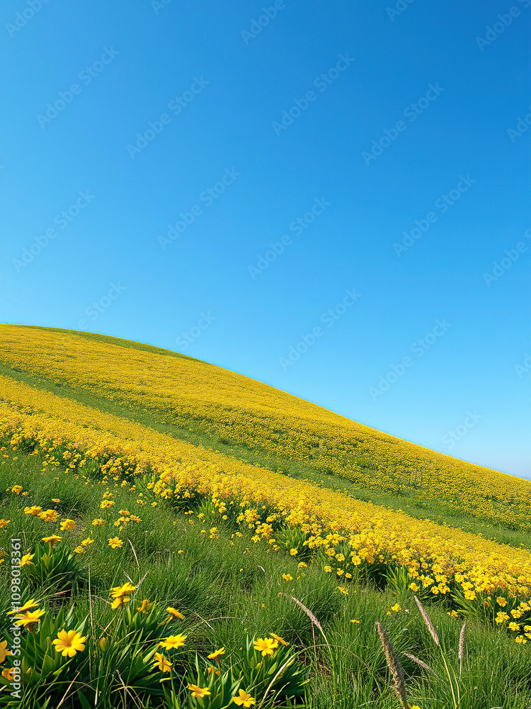 Obraz premium Fragrant yellow blossoms swaying in the gentle breeze on a rolling hill, color contrast, springtime, sunny weather, picturesque, field
