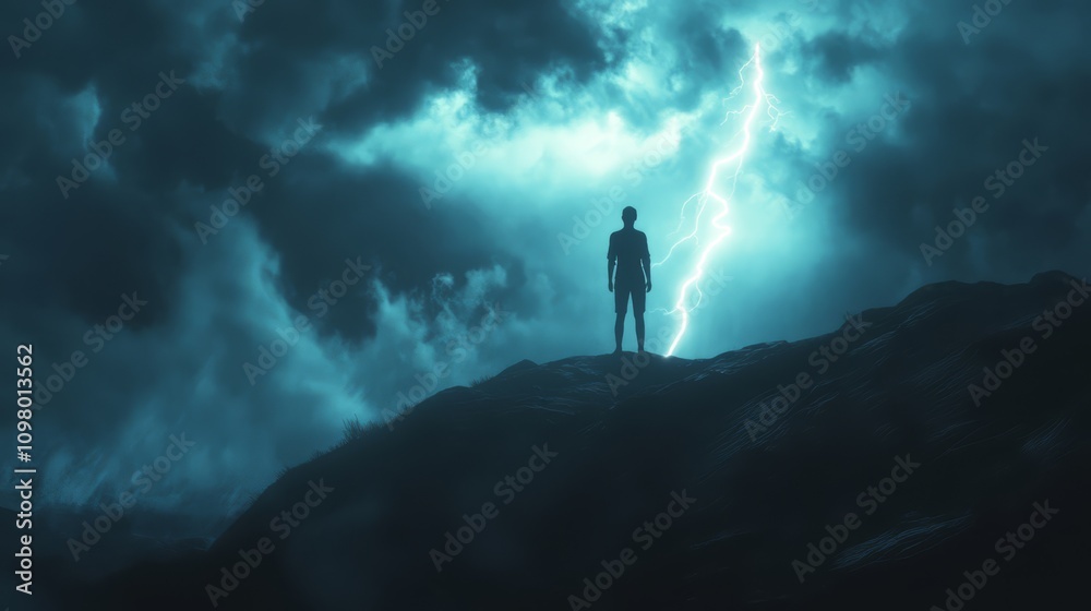 Fototapeta premium Man silhouetted against stormy sky and lightning.