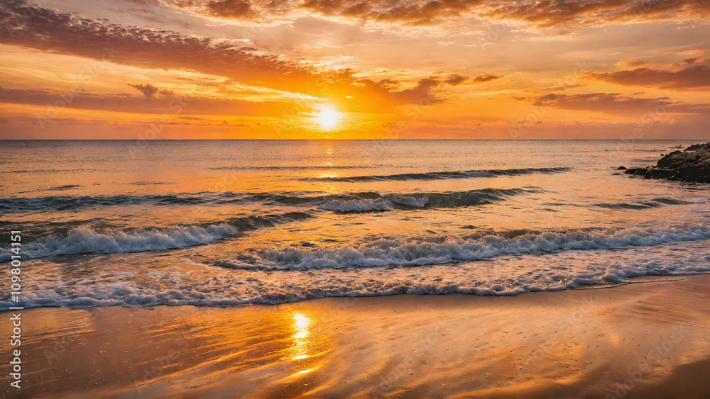 Obraz premium Peaceful Beach Sunset with Gentle Waves and a Vibrant, Colorful Sky