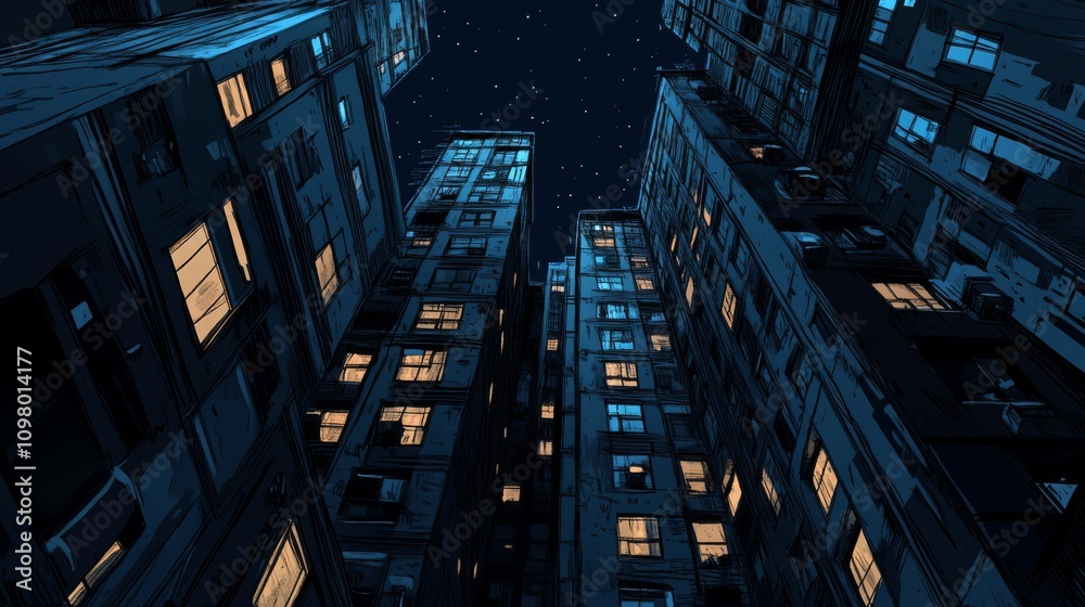 Obraz premium Night city buildings, low angle view.