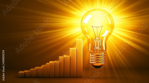 Bright Lightbulb Illuminates Ascending Gold Bar Graph