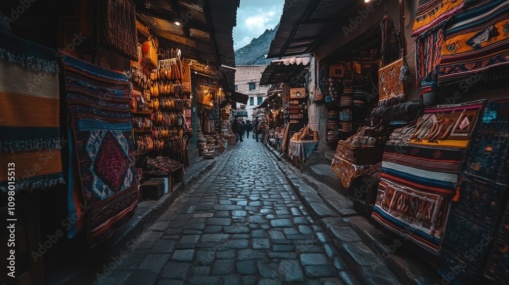 Obraz premium Colorful Cobblestone Street Market with Textiles and Handicrafts