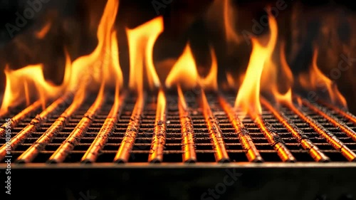 Intense flames dance over a grill grate