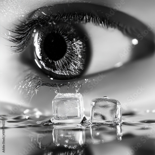 A monochromatic, artistic macro shot of an eye gazing at ice cubes, exploring themes of coldness and intensity. The high contrast enhances the visual impact. AI generated. photo