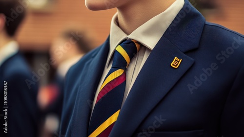 Close-up of boy's school uniform.