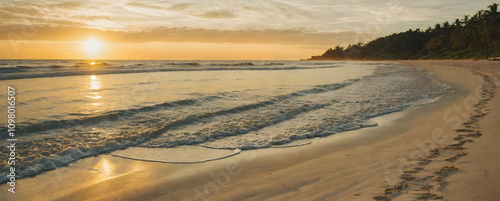Picturesque Beach Sunset with Gentle Waves and a Warm Golden Glow