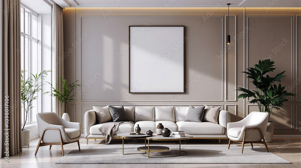 High-Quality 3D Render of Elegant Modern Living Room Featuring Blank Frame Mockup on Wall High-Quality 3D Render of Elegant Modern Living Room Featuring Blank Frame Mockup on Wall