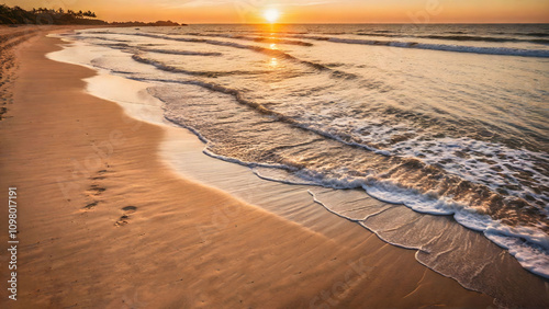 Golden Hour at the Beach with Gentle Waves and a Stunning Sunset