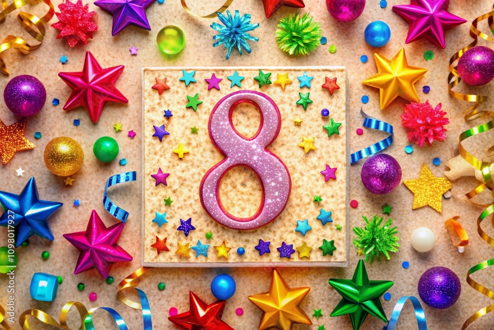 Fototapeta premium Vibrant Square Greeting Card Design for an 8th Birthday Celebration Featuring Playful Stars, Glitter, and Colorful Serpentine Decorations