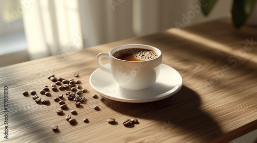 Morning Coffee: Sunlit Cup with Fresh Beans on a Wooden Table