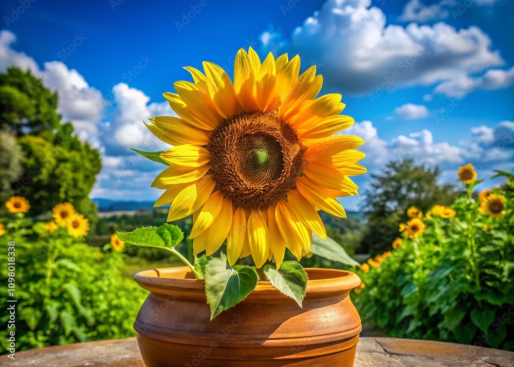 Obraz premium Vibrant Sunflower in a Pot Surrounded by Lush Greenery Against a Clear Blue Sky - Perfect for Nature Lovers and Gardening Enthusiasts