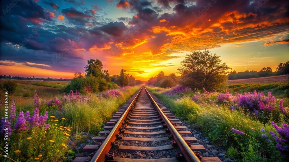Obraz premium Vibrant Sunset Over Railroad Tracks in Pixel Art Style, Capturing the Tranquil Beauty of a Scenic Journey Through Nature's Palette