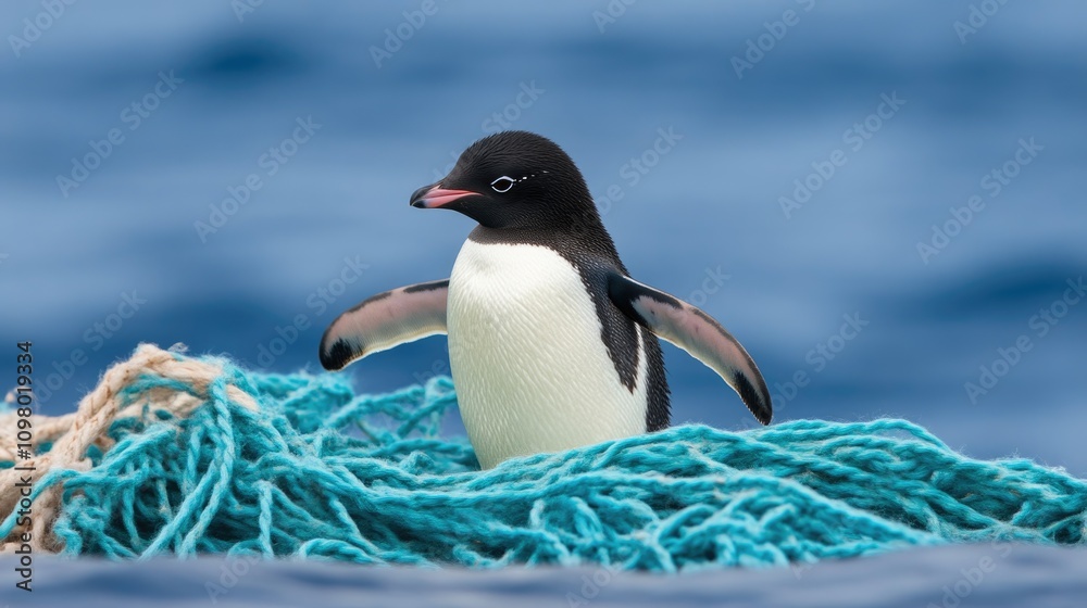 Fototapeta premium Trapped Penguin Struggling to Break Free from Net