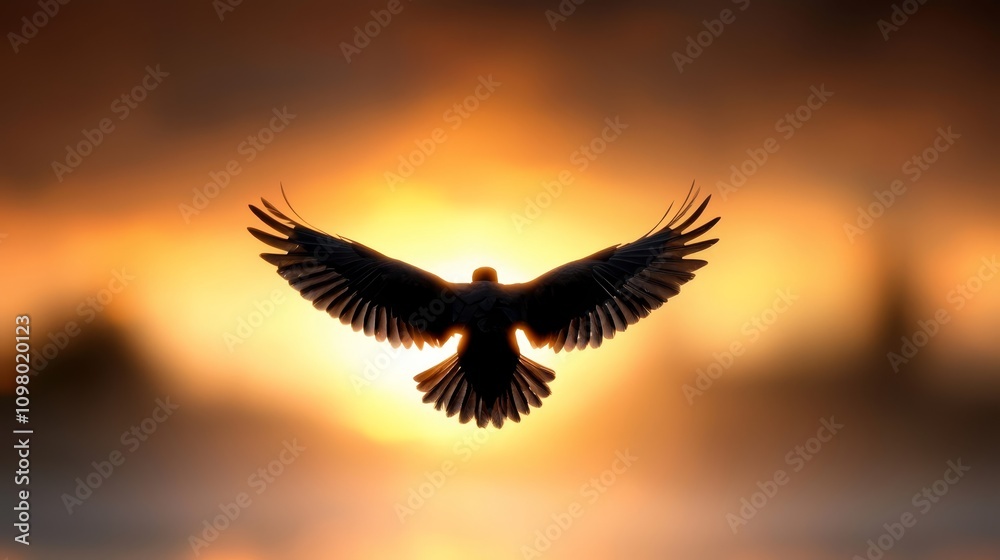 Obraz premium A bird flying in the sky with the sun setting behind it