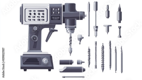 Illustration of Electric Drill with Various Drill Bits and Attachments photo