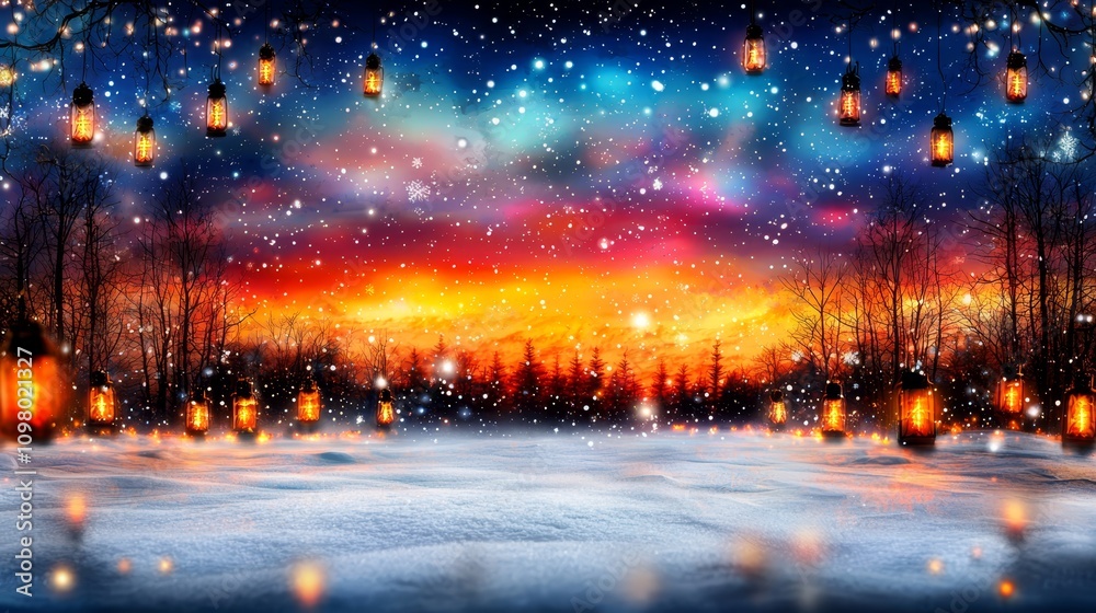 Fototapeta premium A snowy landscape with lanterns hanging from the trees