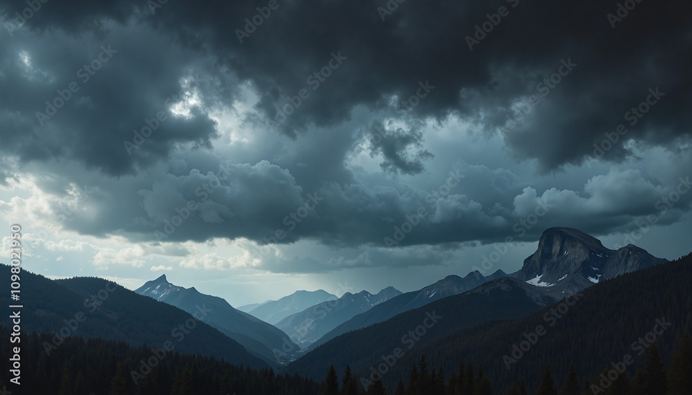 Dramatic mountain landscape with dark storm clouds over peaks, atmospheric scene, copy space, Blue Monday theme Dramatic mountain landscape with dark storm clouds over peaks, atmospheric scene, copy space, Blue Monday theme