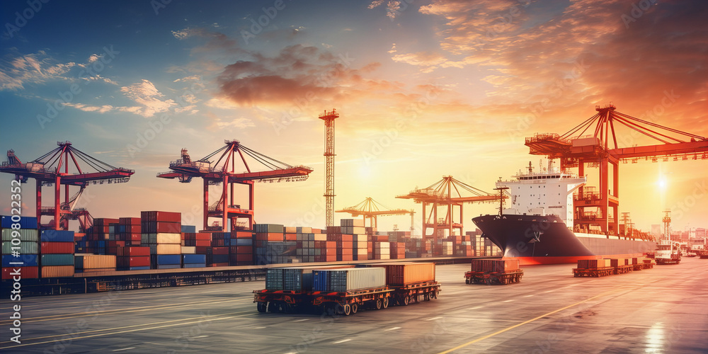 Naklejka premium Cargo Ship at a Container Port During Sunset.