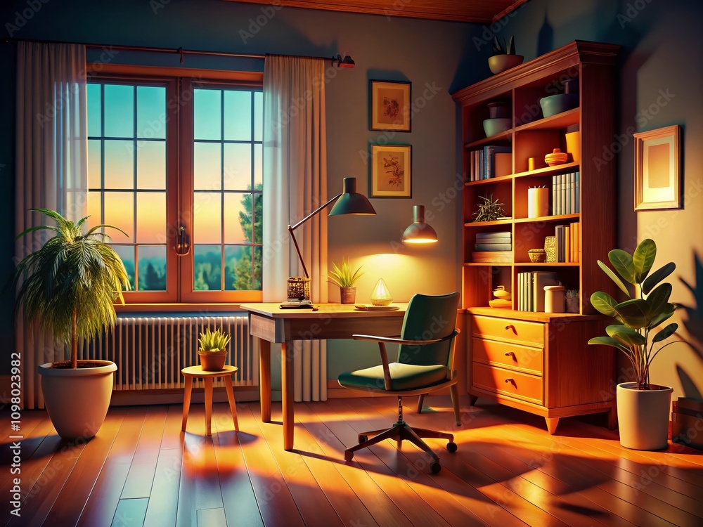 Fototapeta premium Vintage Home Office Interior Mockup with Silhouette Photography, Featuring Elegant Furniture and Cozy Ambiance for a Timeless Workspace Design