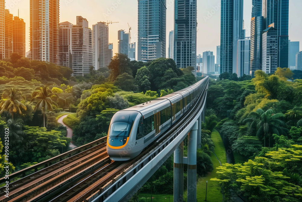 Obraz premium Modern urban elevated train passing through lush greenery towards a bustling cityscape at sunset with eco-friendly surroundings