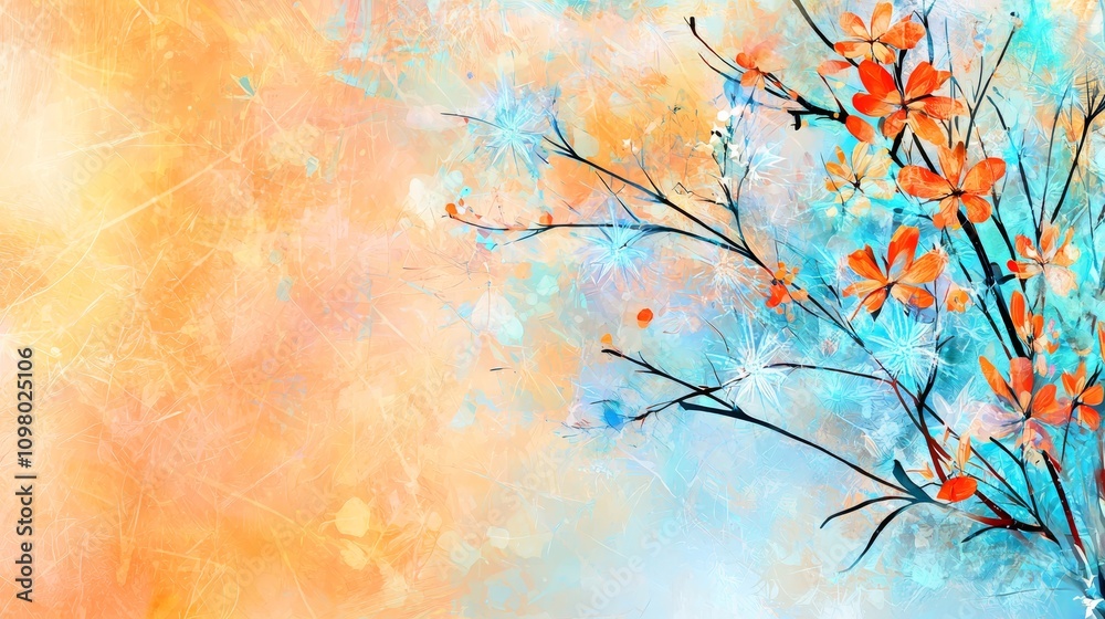 Fototapeta premium A painting of orange flowers on a blue and orange background