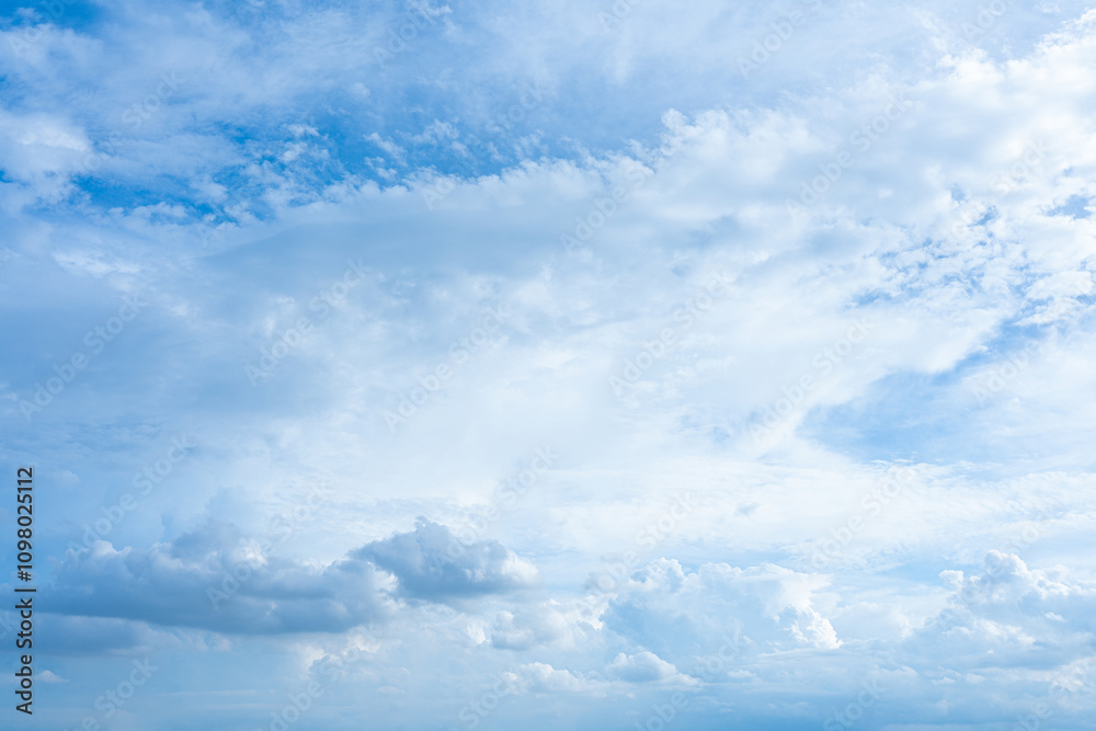 Fototapeta premium Fluffy cumulus clouds drift across a bright blue summer sky