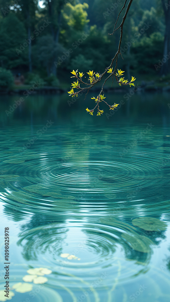Naklejka premium Ripples on the surface of crystal clear water caused by a tree branch being swayed in the wind, tree branch in water, natural scenery, calming effects, serene landscape, outdoor scene