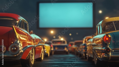 Classic cars at drive-in movie.