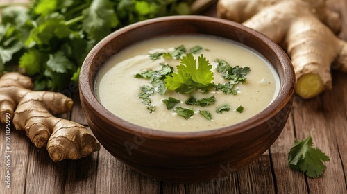 Creamy Ginger Soup Garnished With Fresh Cilantro photo