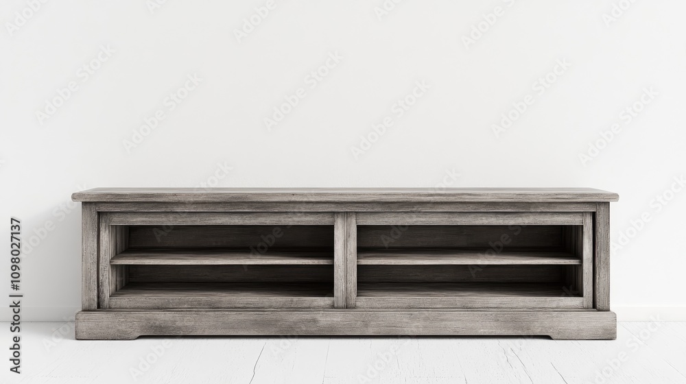 Gray wooden media console with two shelves against a white wall. Gray wooden media console with two shelves against a white wall.
