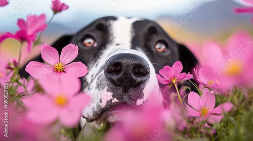 A black and white dog in a field of pink flowers