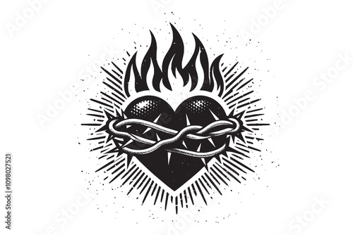 A heart bound with thorns and blazing with fire. Vintage black vector engraving illustration, emblem, tattoo sketch, print. Cut out, isolated.