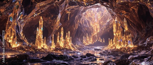 Shimmering crystal formations in a mystical cave with beautiful abstract shiny light and glitter background, glitter, luminous formations, abstract shiny light