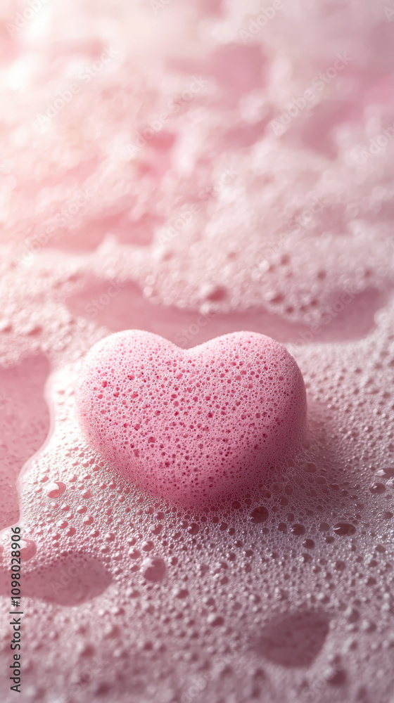 Obraz premium Heart shaped soap suds create whimsical and playful scene, surrounded by soft pink bubbles that evoke sense of joy and relaxation