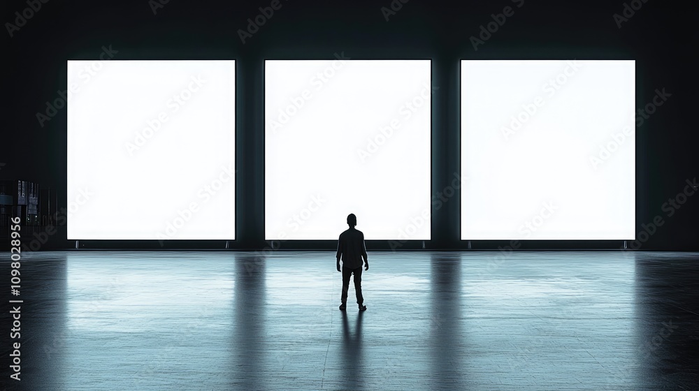 Obraz premium Silhouetted person facing three blank, bright screens in a dark room.