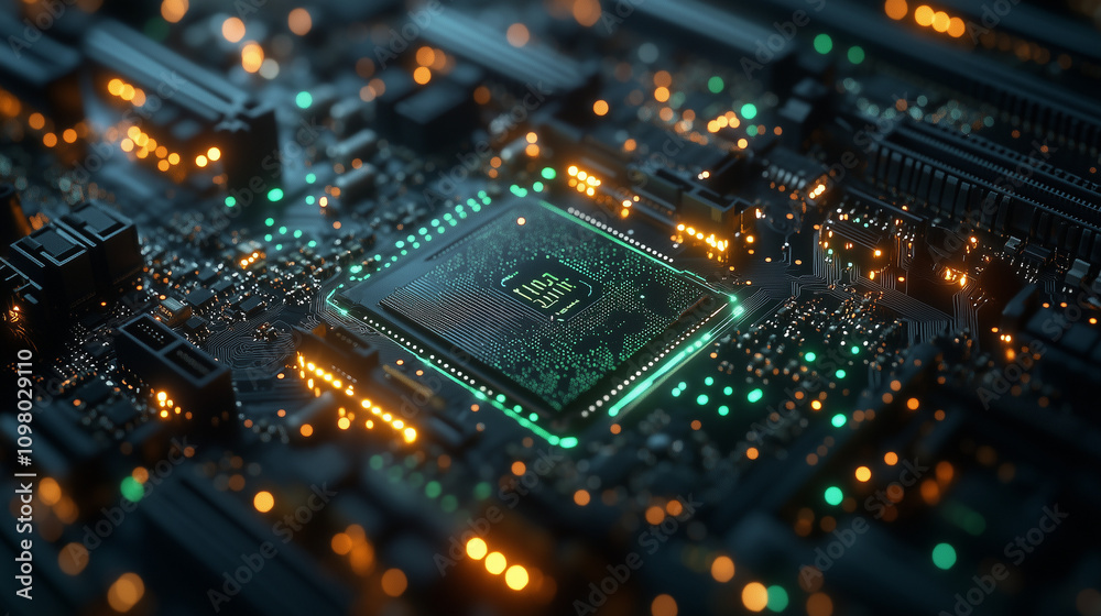 Fototapeta premium Exploring the intricate details of a green-lit circuit board filled with glowing connections and micro components in a tech environment.