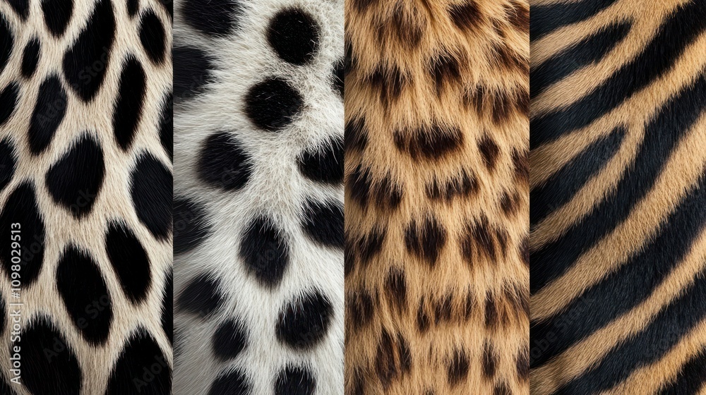 Naklejka premium Close-up view of four different animal fur textures: Cheetah, Serval, Leopard, and Zebra, showcasing unique patterns and colors.