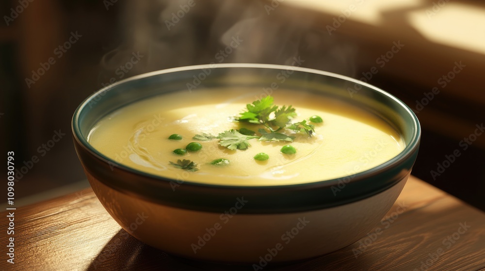 Steaming Bowl Of Creamy Pea Soup With Herbs Steaming Bowl Of Creamy Pea Soup With Herbs